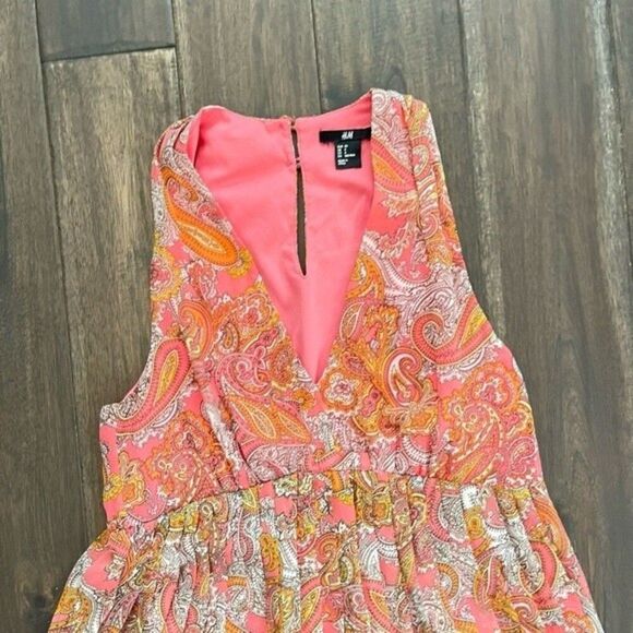 H&M Boho Peach Paisley Sleeveless Low V-Neck Pleated Midi Dress 6 - Picture 3 of 8